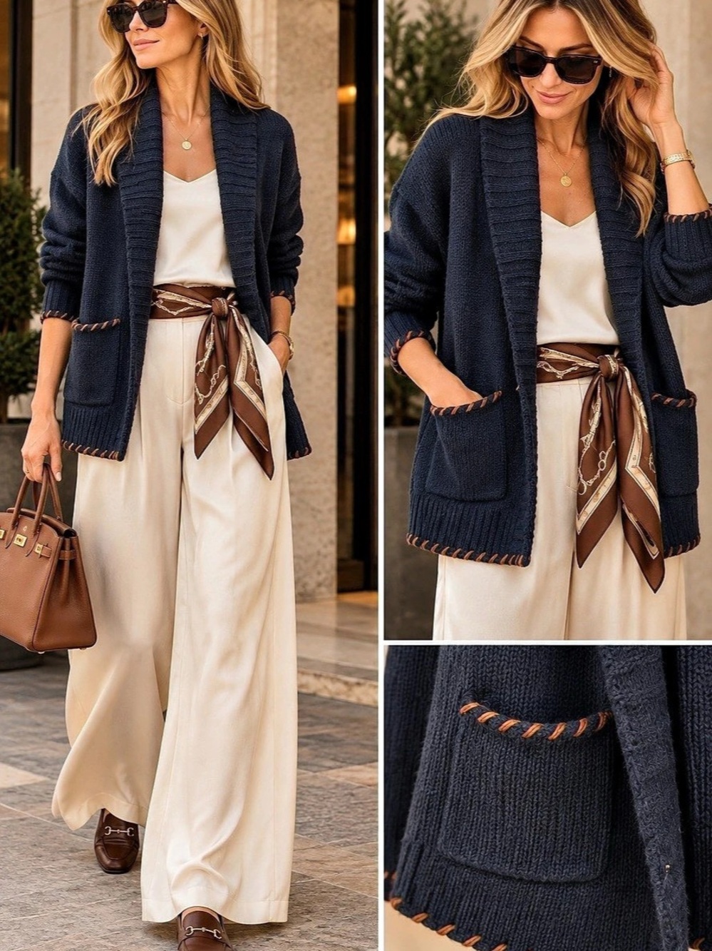 Tuckernuck Navy Blue Heavy Knit Cardigan Brown Trim Size M NWT